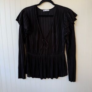 Zara Black Ruffled Pleated Peplum Blouse Top deep V large